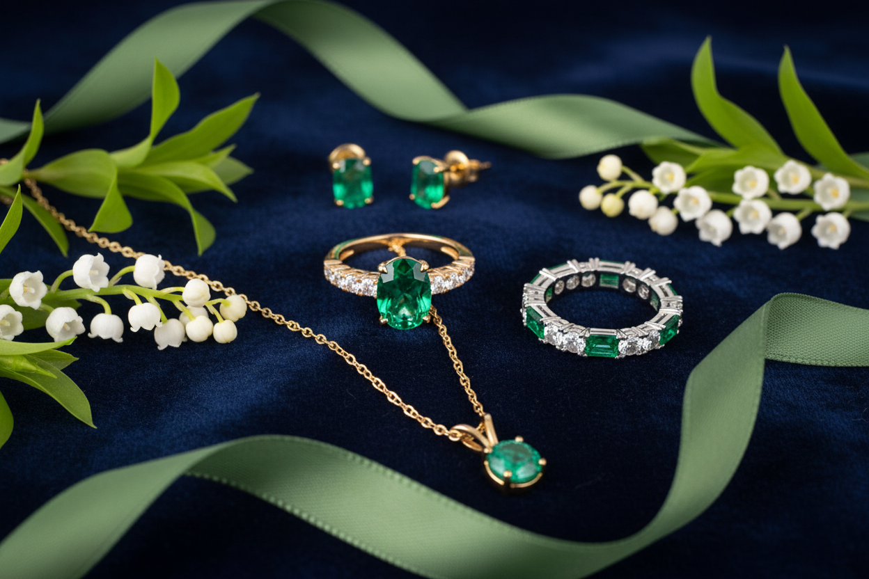 Emerald jewelry for May birthdays - oval rings, eternity bands and pendants in gold