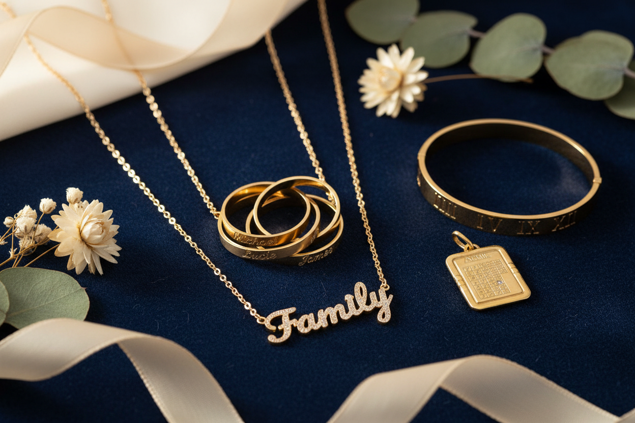 Personalized family jewelry - custom name necklaces, engraved date pieces, and birthstone rings