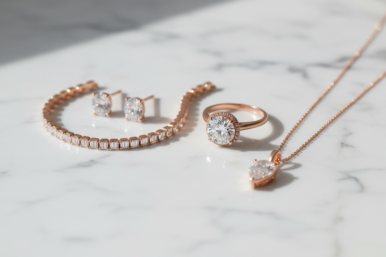 collection of rose gold jewelry (also known as pink gold) featuring engagement rings, wedding bands, earrings, necklaces, and bracelets.