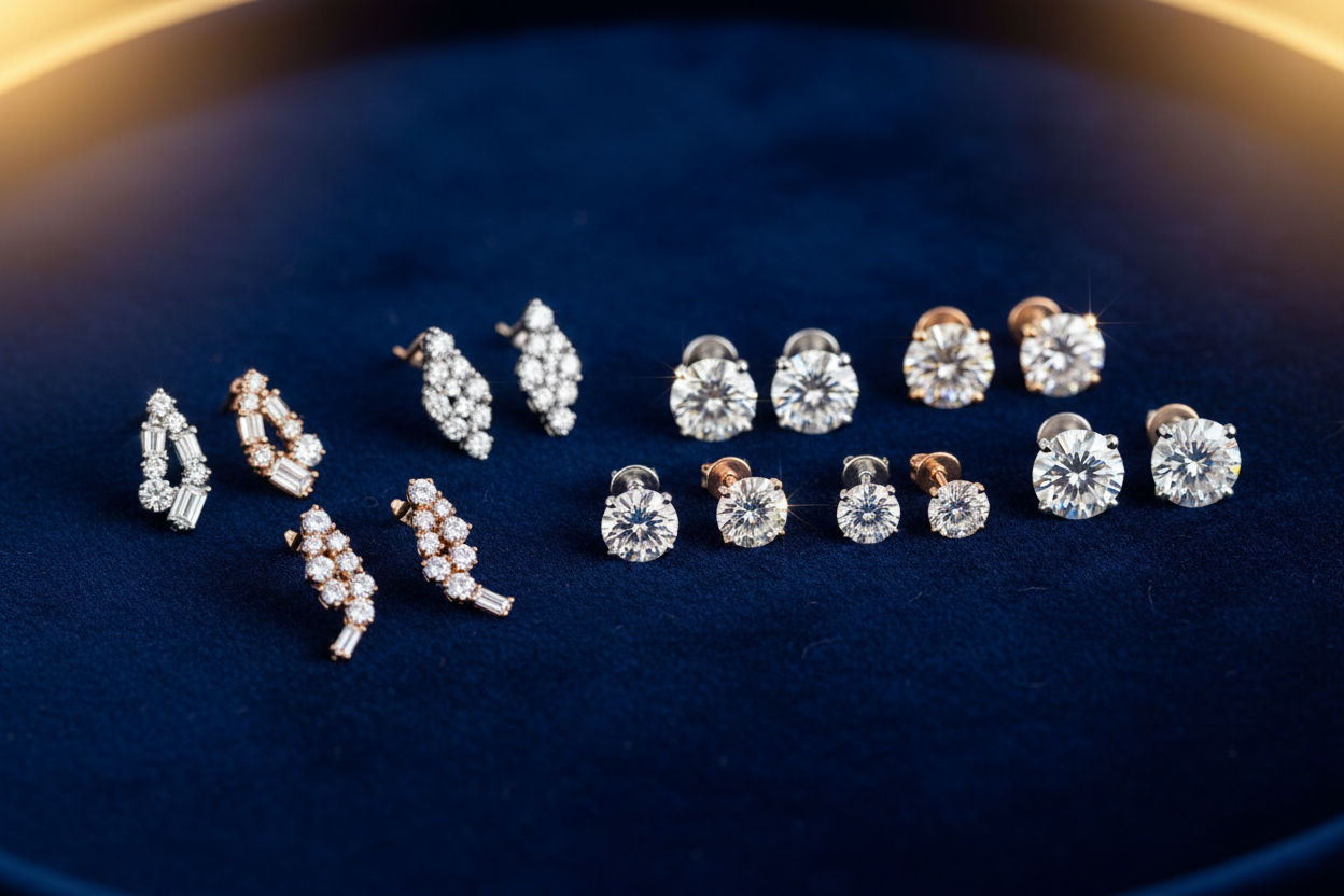 Diamond stud and climber earrings in white, yellow, and pink gold featuring lab-grown diamonds