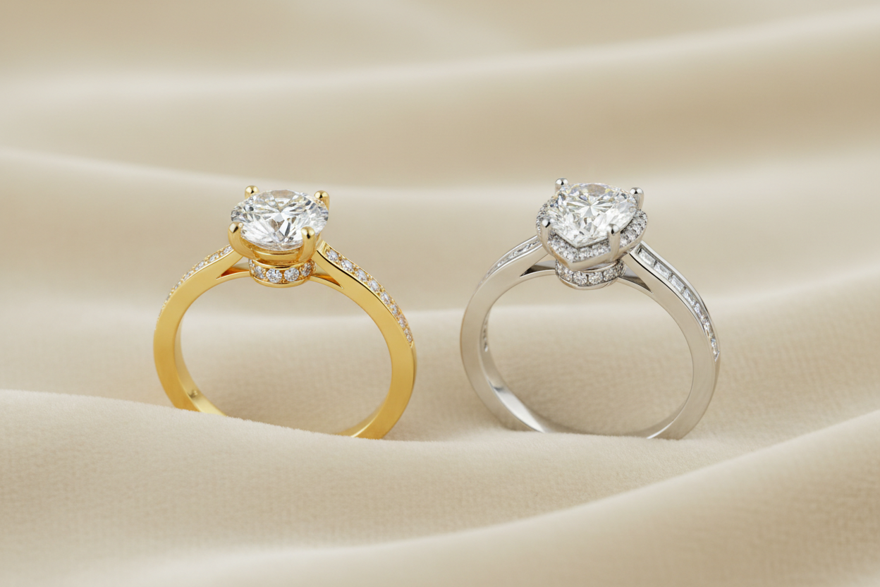 Hidden halo engagement rings with round and pear-shaped diamonds in yellow and white gold