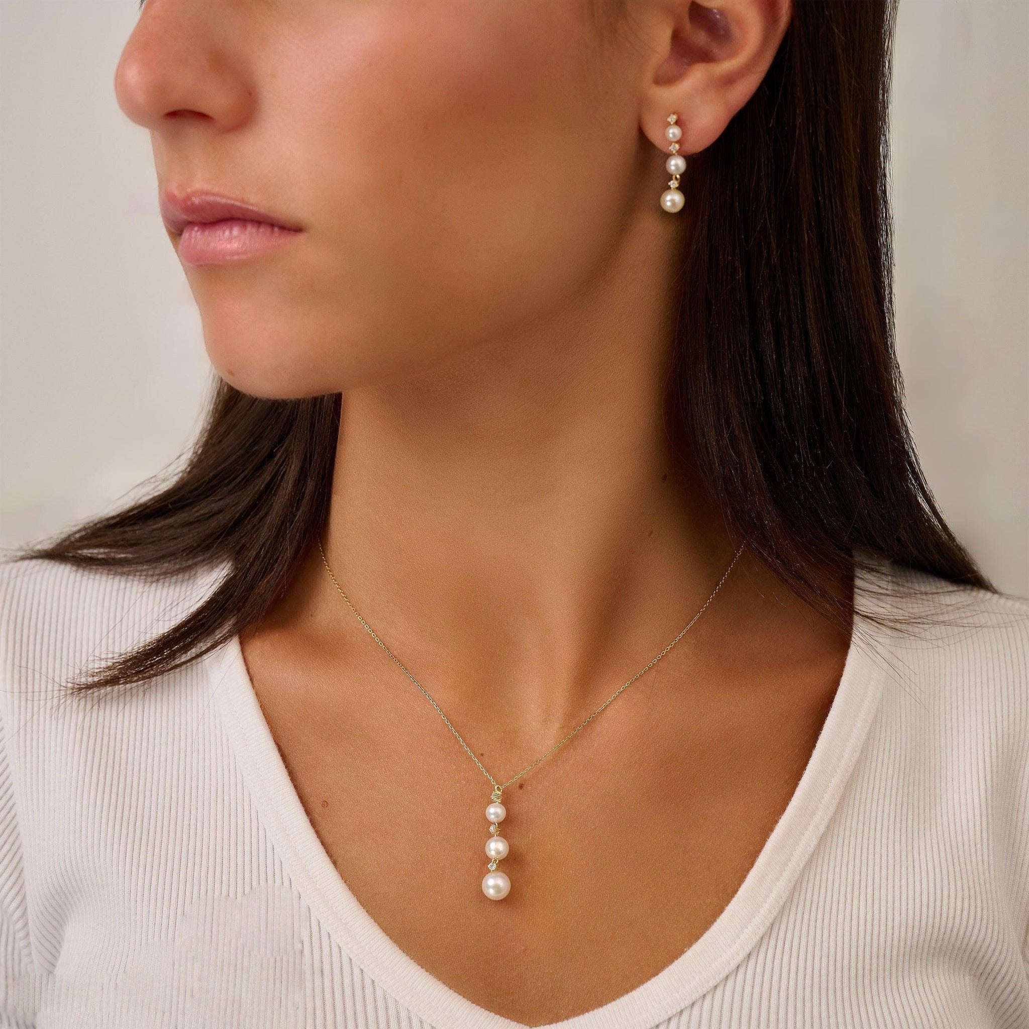 Pearls and Diamonds Triple Drop Pendant Necklace - Necklace