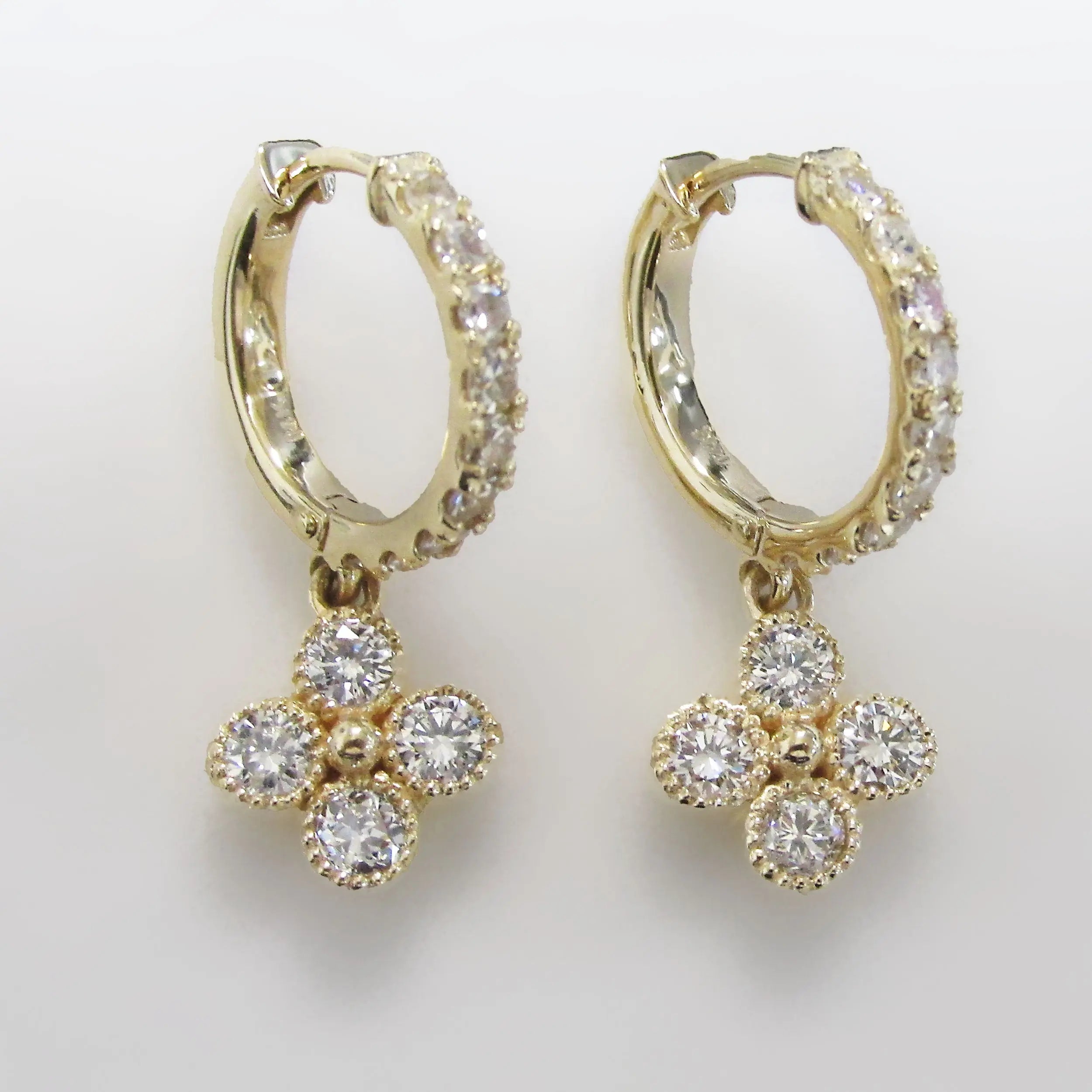 Flower Drop Diamond Huggies Earrings 14K Yellow Gold - Thenetjeweler