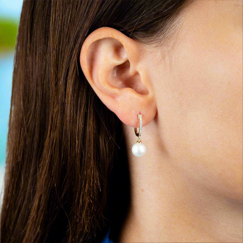 Cultured Pearl and Diamond Drop Earrings 10K Gold - Diamond Earrings