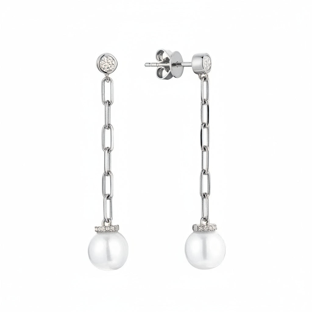 Pearl Paper Clip Diamond Dangle Earrings-RNB Jewellery