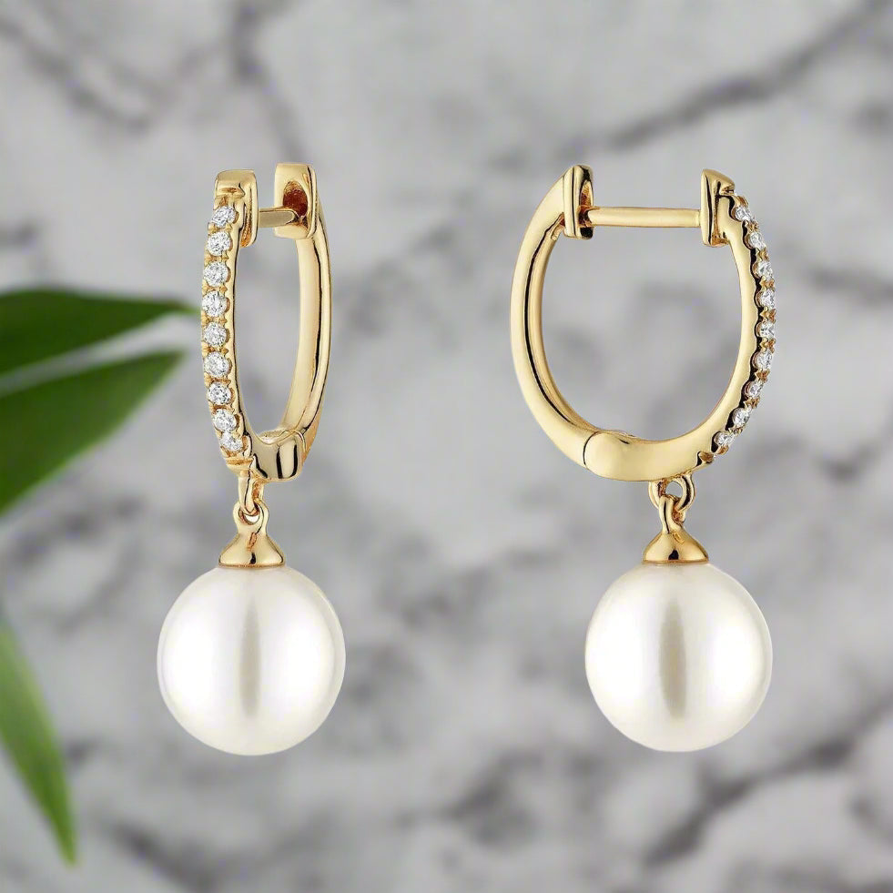 Cultured Pearl and Diamond Drop Earrings 10K Gold - Diamond Earrings