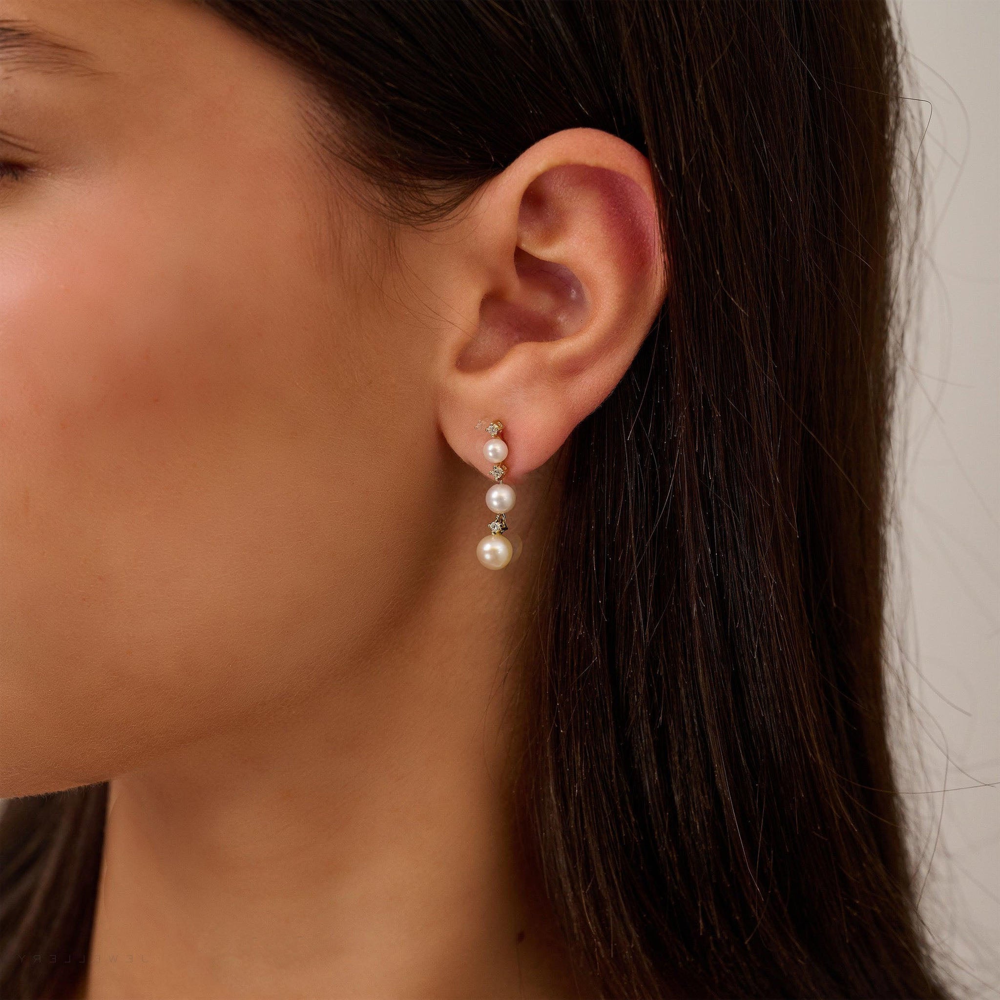 Triple Drop Pearl and Diamond Earrings - Diamond Earrings
