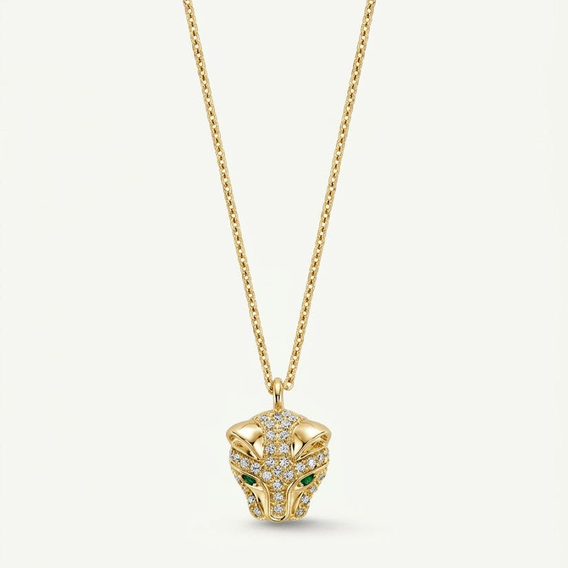 14K Gold Panther Head Pendant with Diamonds & Green Eyes - The Net Jeweler