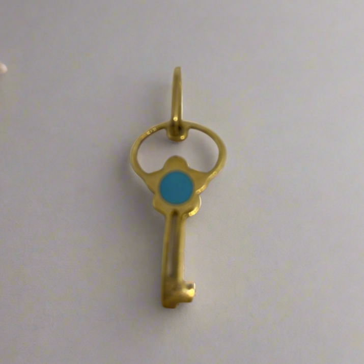 14K Yellow Gold Blue Enamel Flower Key Pendant - Thenetjeweler