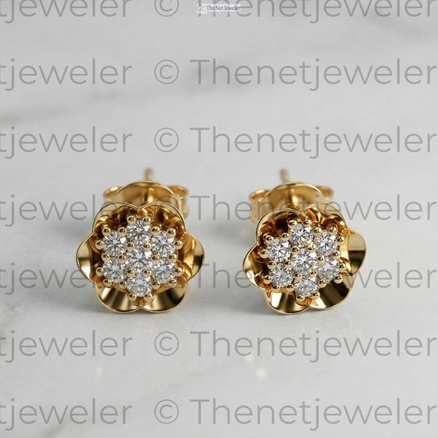 14K yellow gold lab-grown diamond floral stud earrings with scalloped petal cluster setting