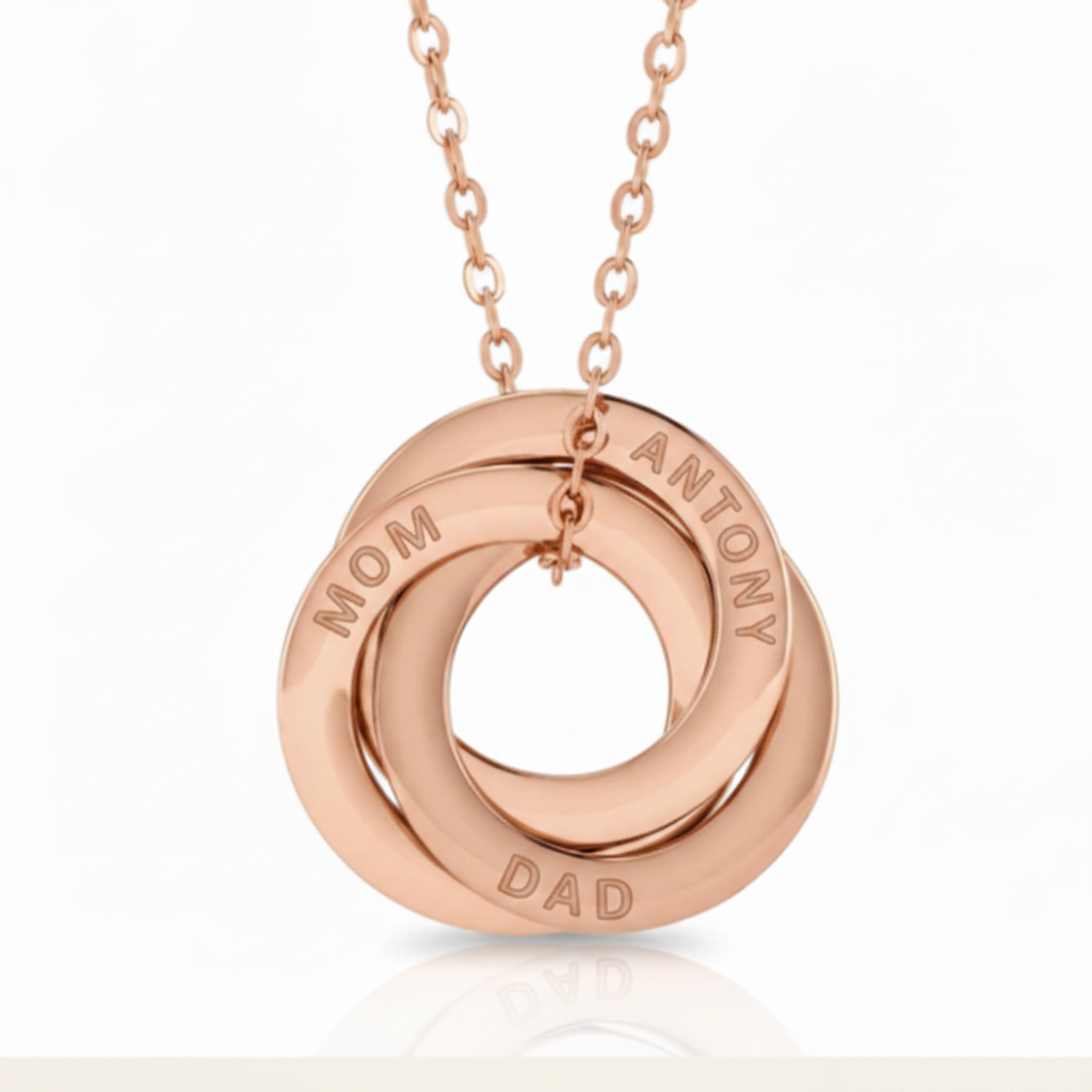 14k Rose Gold 3 Interlocking Rings Necklace – MOM, ANTONY, DAD
