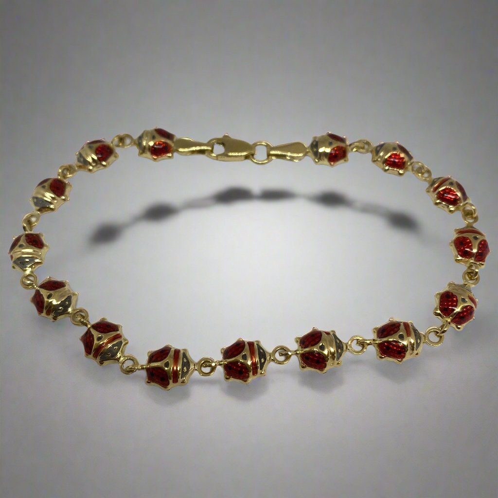 14k Yellow Gold Enamel Ladybug Bracelet - Thenetjeweler