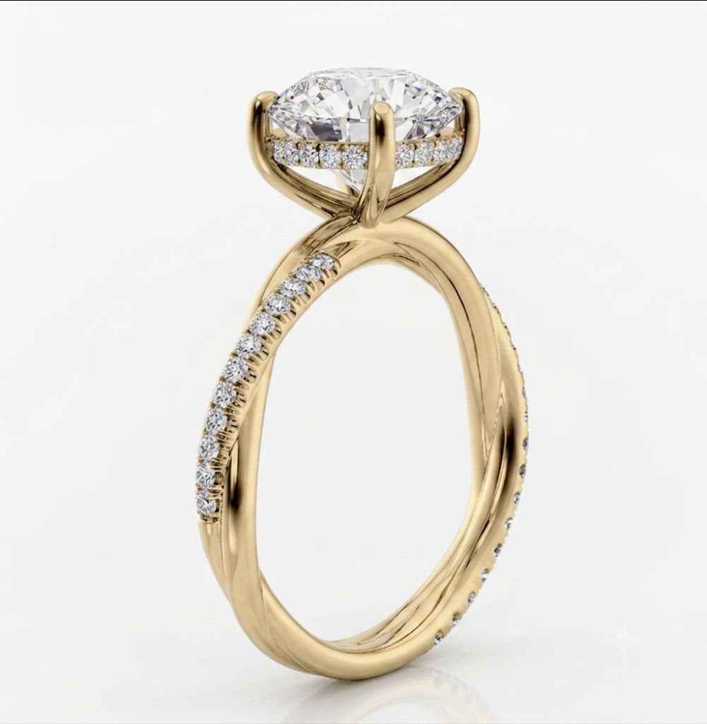 18K Yellow Gold Twisted Band Engagement Ring | Hidden Halo | 4ct Cushion Diamond