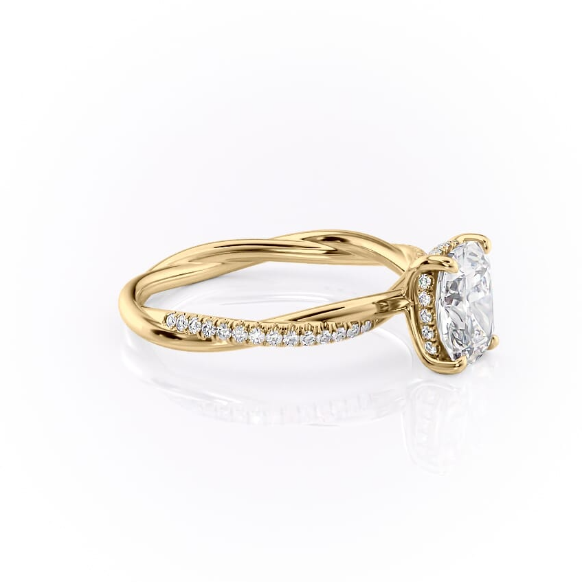 18K Yellow Gold Twisted Band Engagement Ring | Hidden Halo | 4ct Cushion Diamond