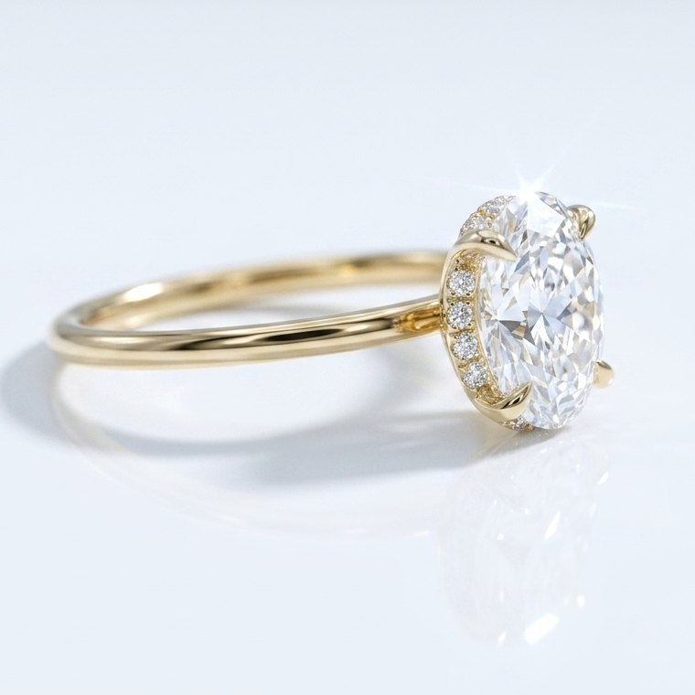Side profile view of a 2 carat oval diamond ring showing the hidden halo and 14K gold prongs