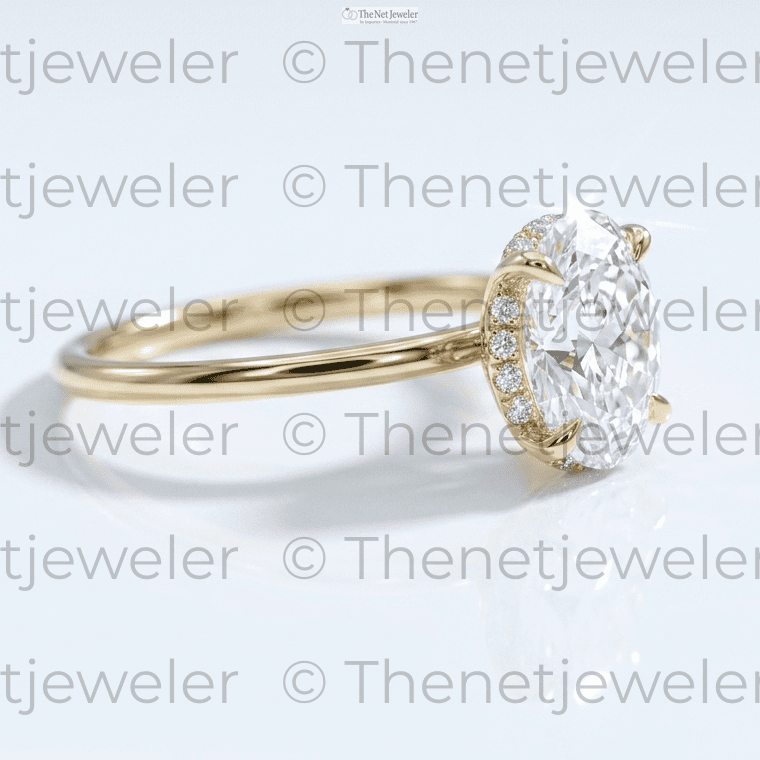 Side profile view of a 2 carat oval diamond ring showing the hidden halo and 14K gold prongs
