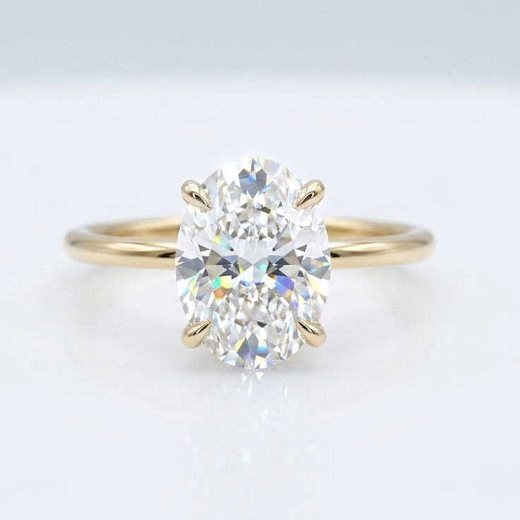 Close-up detail of a 2 carat oval lab-grown diamond with high clarity and brilliance