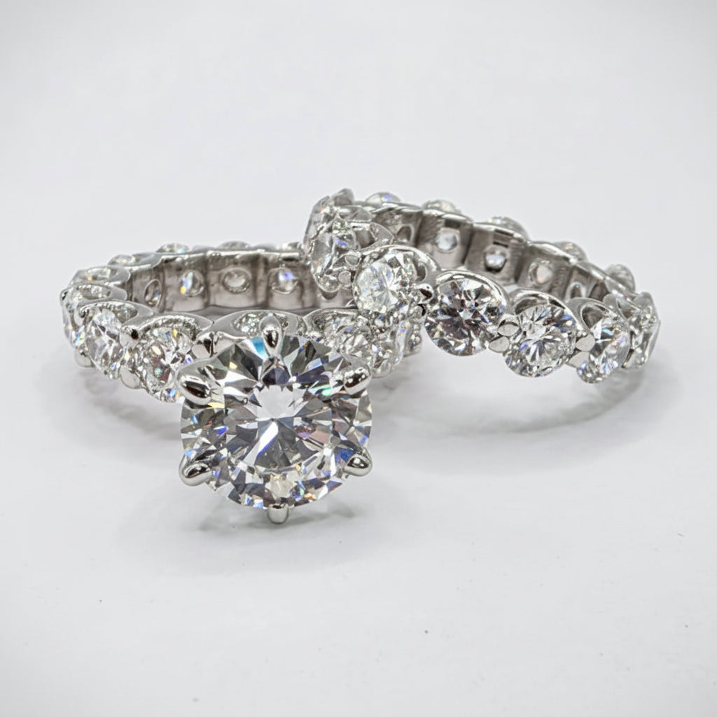 Round Diamond Engagement Ring and Matching 5.20ctw Eternity Band