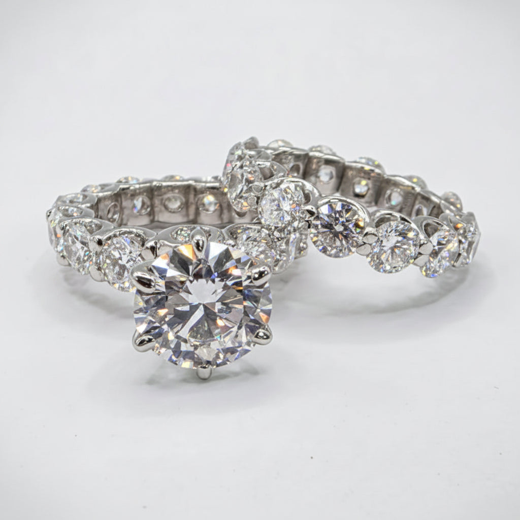 Round Diamond Engagement Ring and Matching 5.20ctw Eternity Band