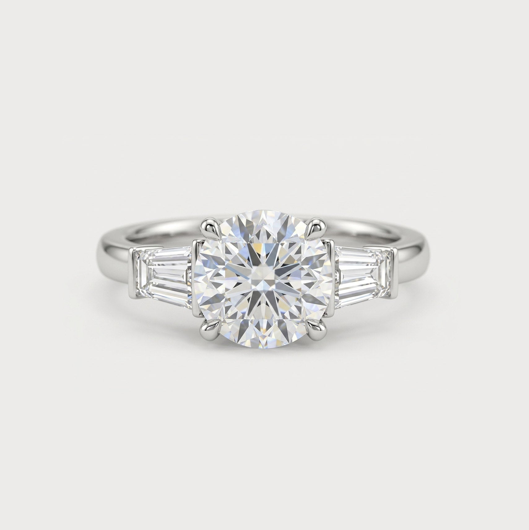 Round Diamond & Baguette Engagement Ring, 18K White Gold