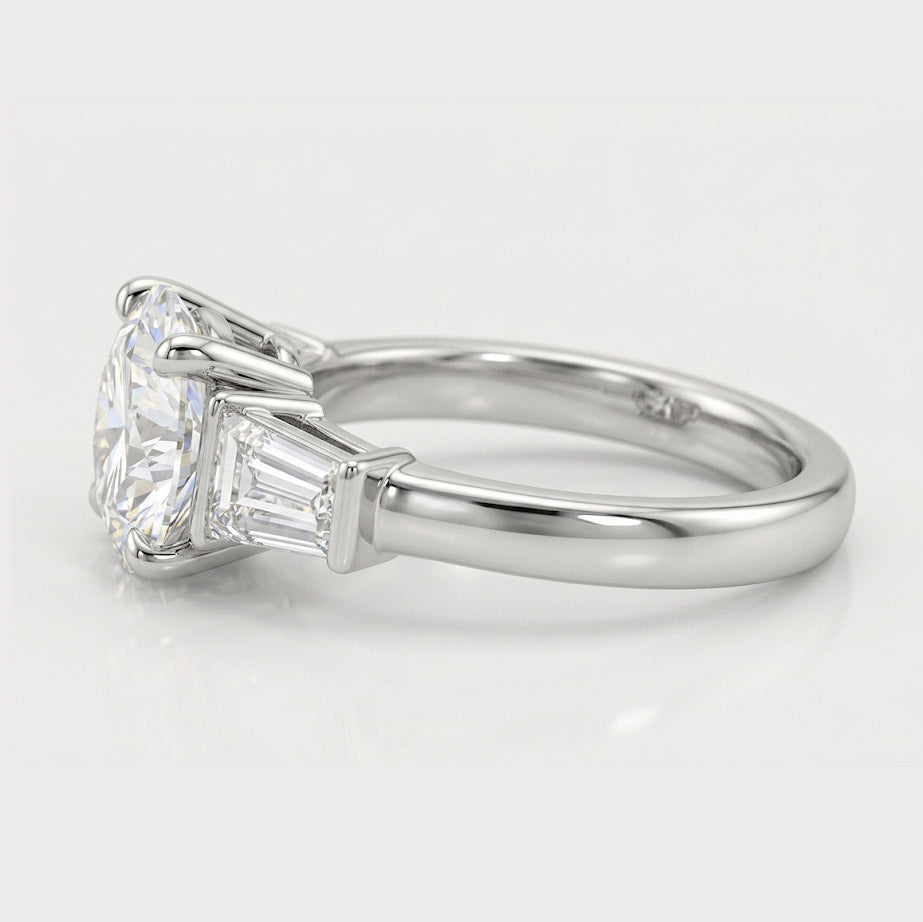 Round Diamond & Baguette Engagement Ring, 18K White Gold