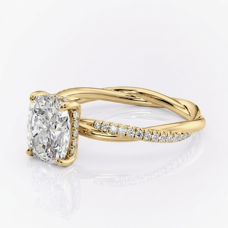 18K Yellow Gold Twisted Band Engagement Ring | Hidden Halo | 4ct Cushion Diamond