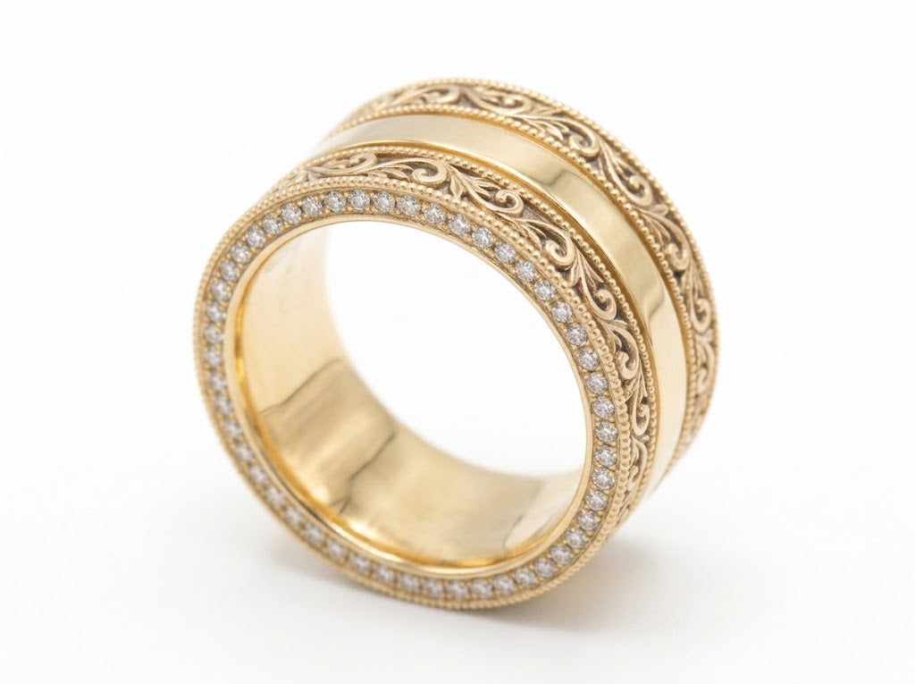 18K Gold 8mm Vintage Scroll Diamond Band (0.48 ctw)
