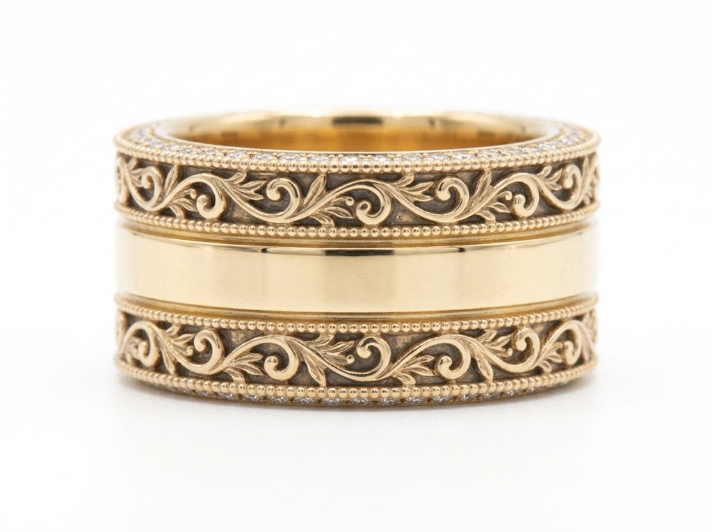 18K Gold 8mm Vintage Scroll Diamond Band (0.48 ctw)