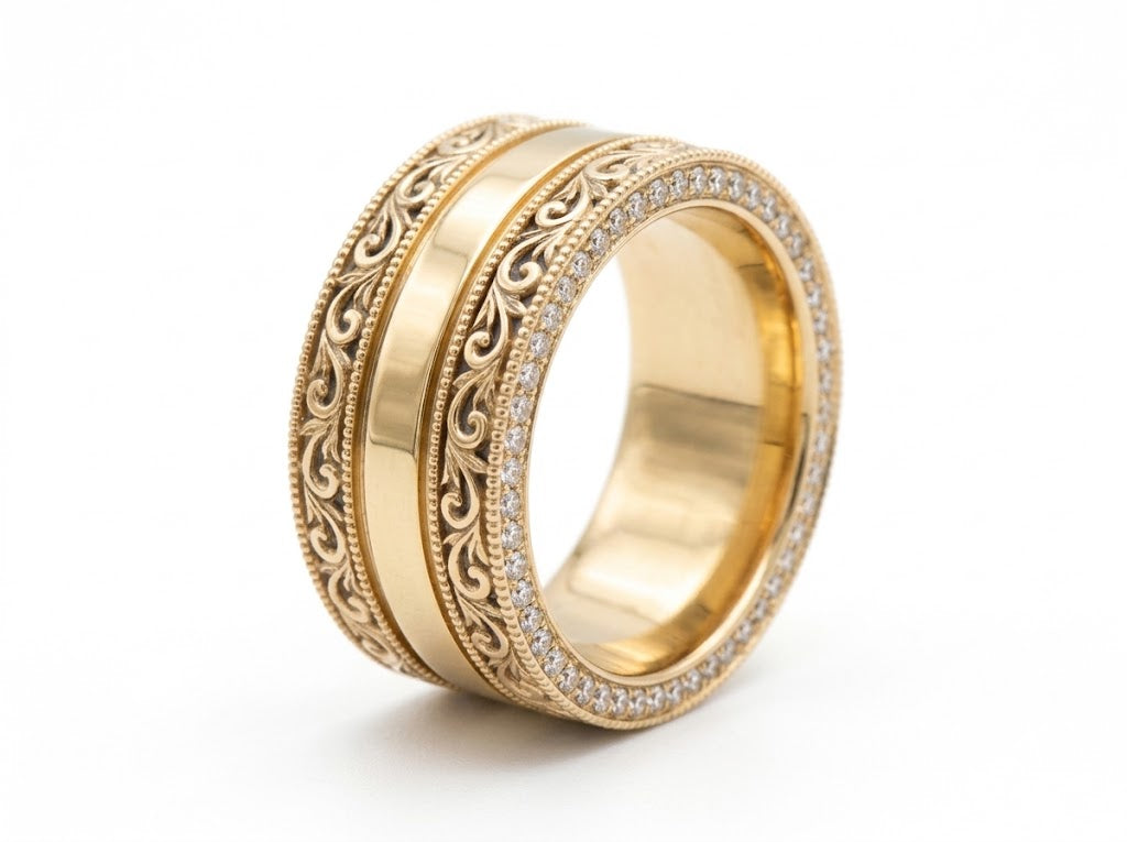 18K Gold 8mm Vintage Scroll Diamond Band (0.48 ctw)