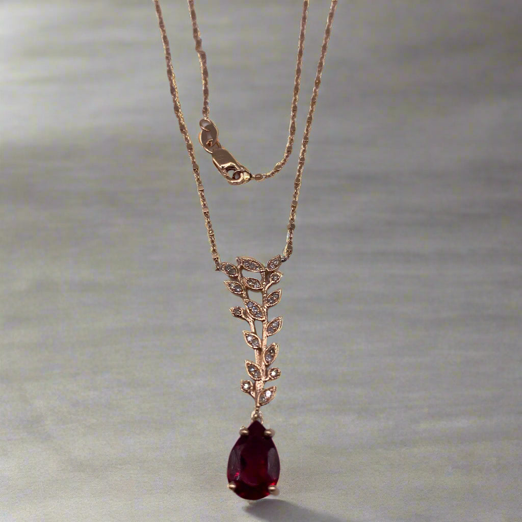 Lab Ruby and Diamond Floral Necklace Earrings Set 14k Gold