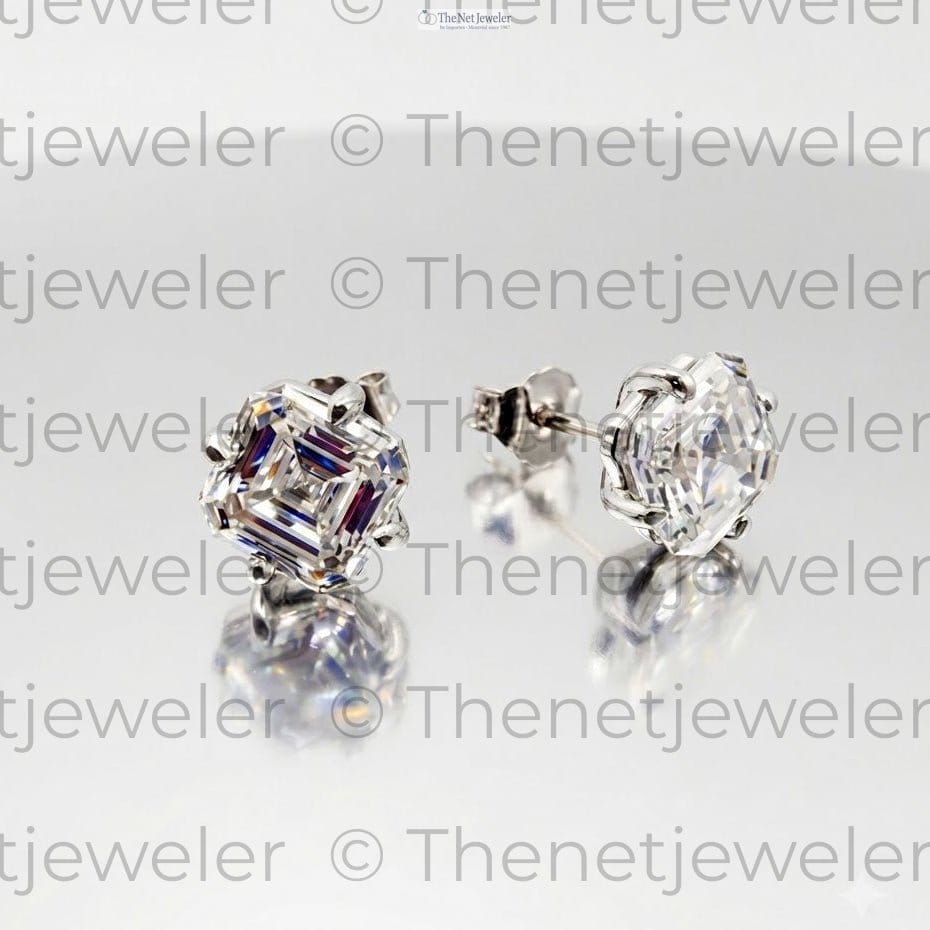 Asscher cut lab-grown diamond stud earrings in 14K white gold, 2.0 and 2.5 ctw options, F color VS1 clarity, handcrafted in Montreal