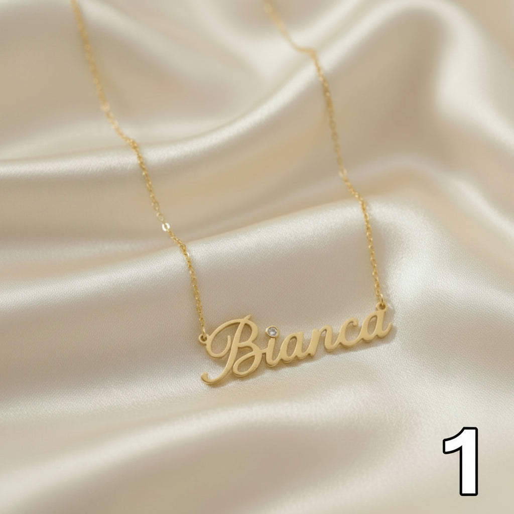 Bianca Name Necklace – 10K, 14K Yellow Gold with Lab-Grown Diamond Accent