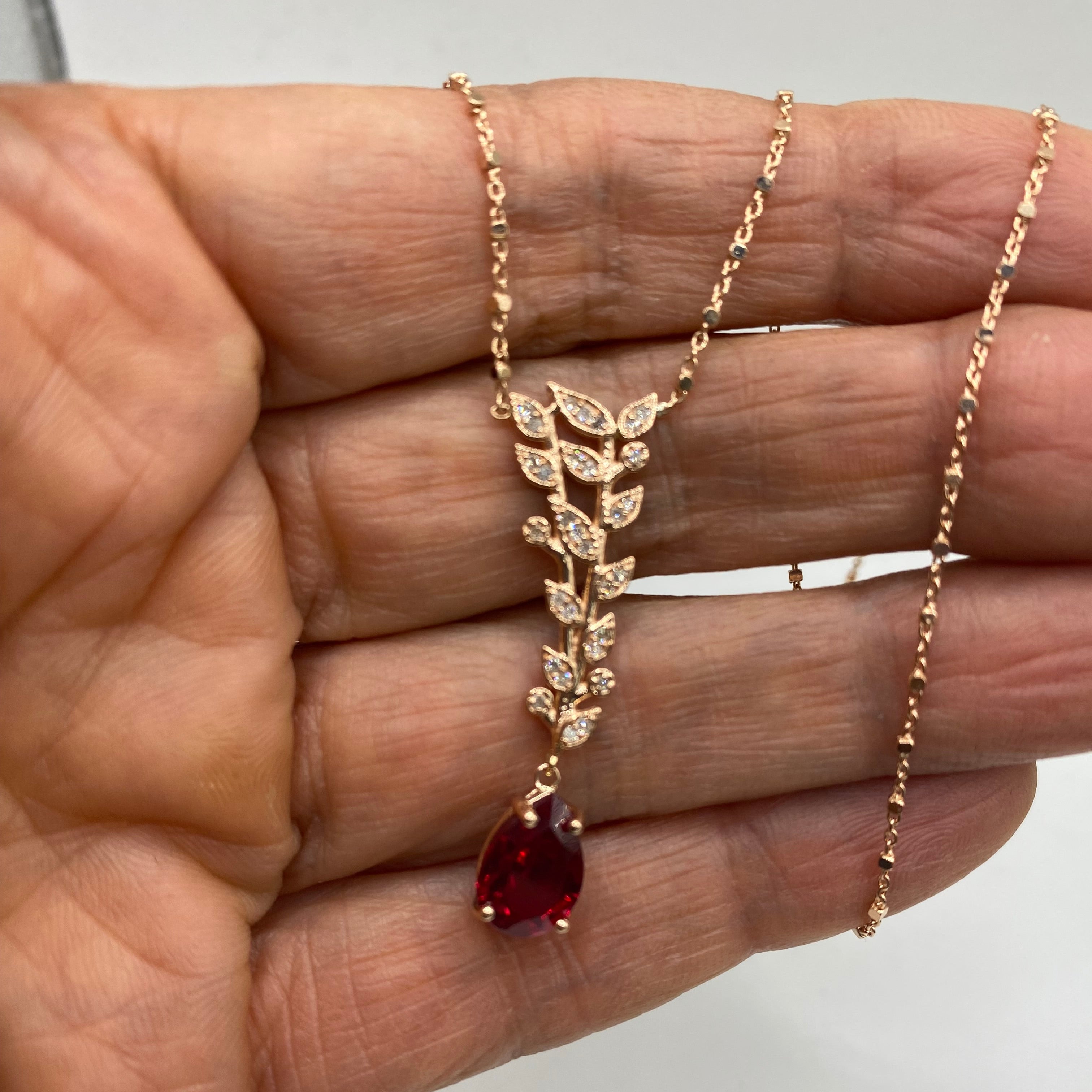 Lab Ruby and Diamond Floral Necklace Earrings Set 14k Gold