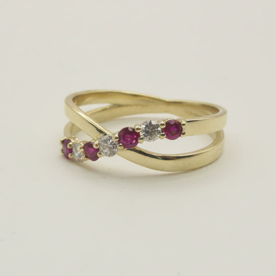 Lab Ruby and Diamond Crossover Ring 14K Yellow Gold - side profile Thenetjeweler