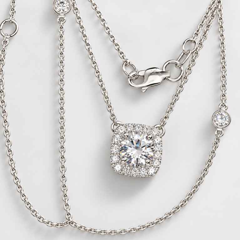 Cushion Halo Diamond station Necklace in 18K Gold