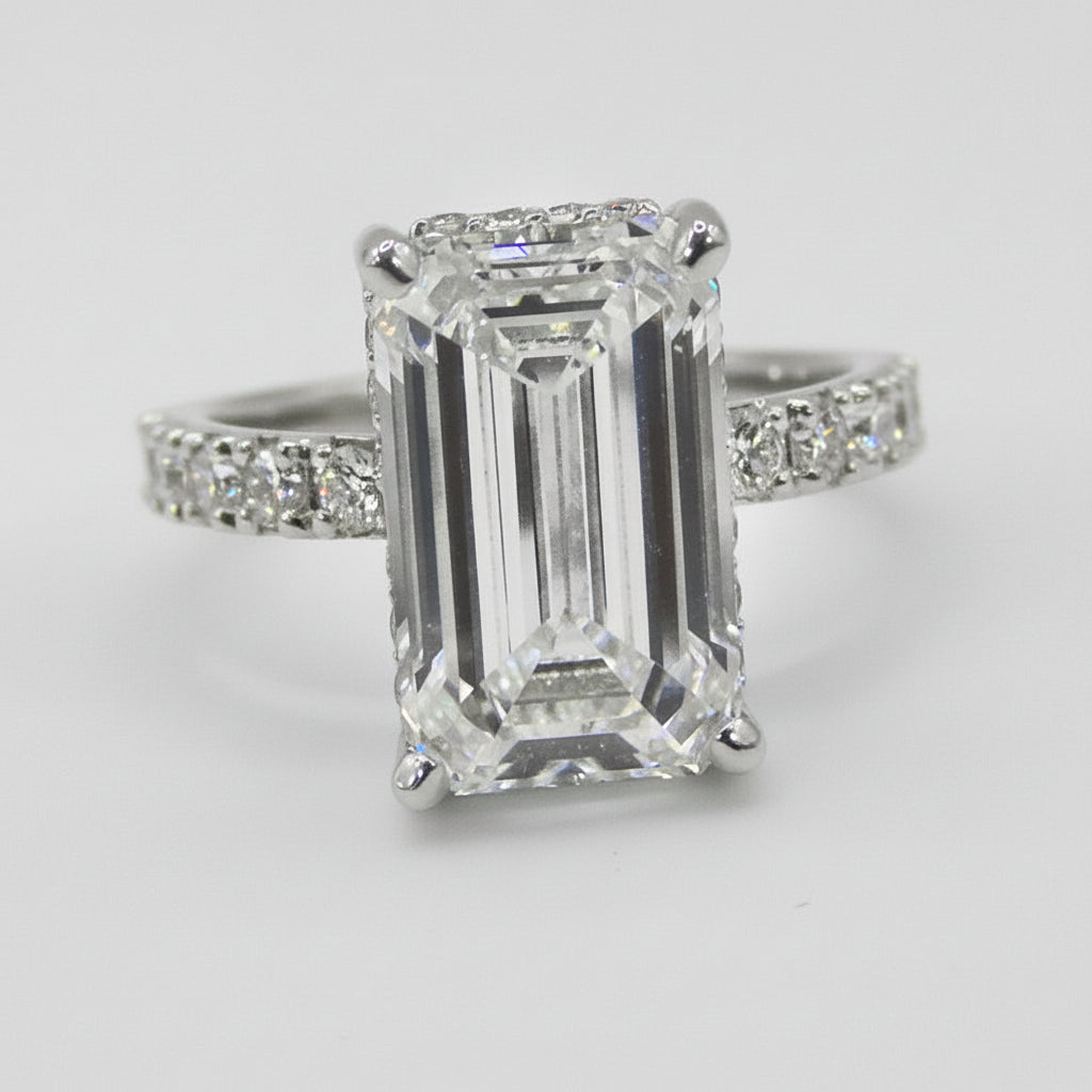 Emerald cut diamond engagement ring with 3.06ct lab-grown diamond in 14K white gold pavé band