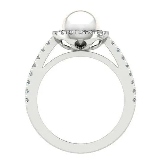 Freshwater Pearl and Halo Diamond White Gold Ring - Thenetjeweler