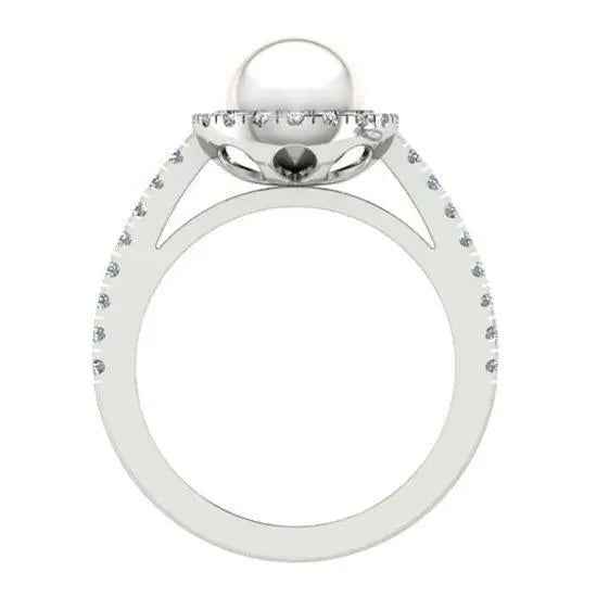 Freshwater Pearl and Halo Diamond White Gold Ring