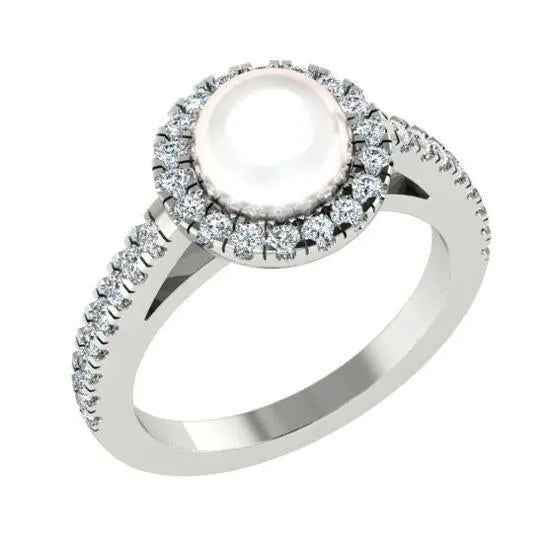 Freshwater Pearl and Halo Diamond White Gold Ring