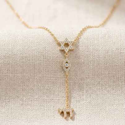 14k Gold Diamond Star of David & Chai Lariat Necklace | Evil Eye Y-Drop Pendant