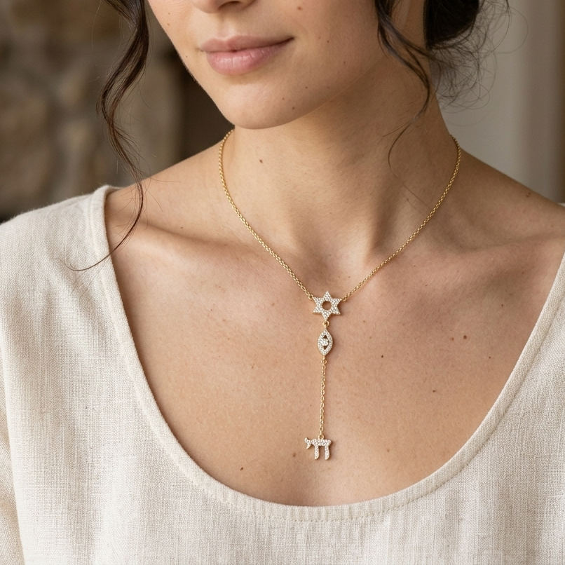 14k Gold Diamond Star of David & Chai Lariat Necklace | Evil Eye Y-Drop Pendant