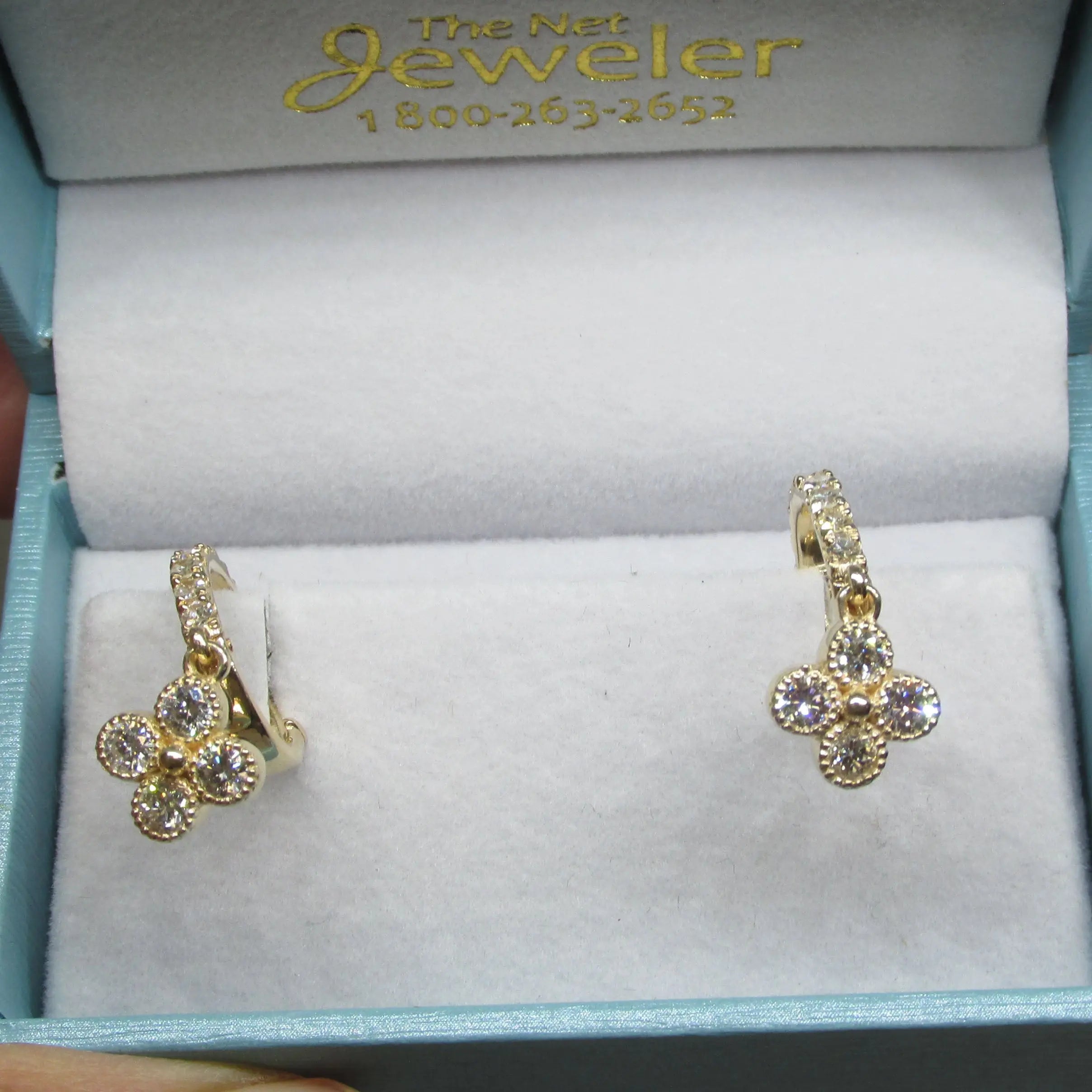 Flower Drop Diamond Huggies Earrings 14K Yellow Gold - Thenetjeweler
