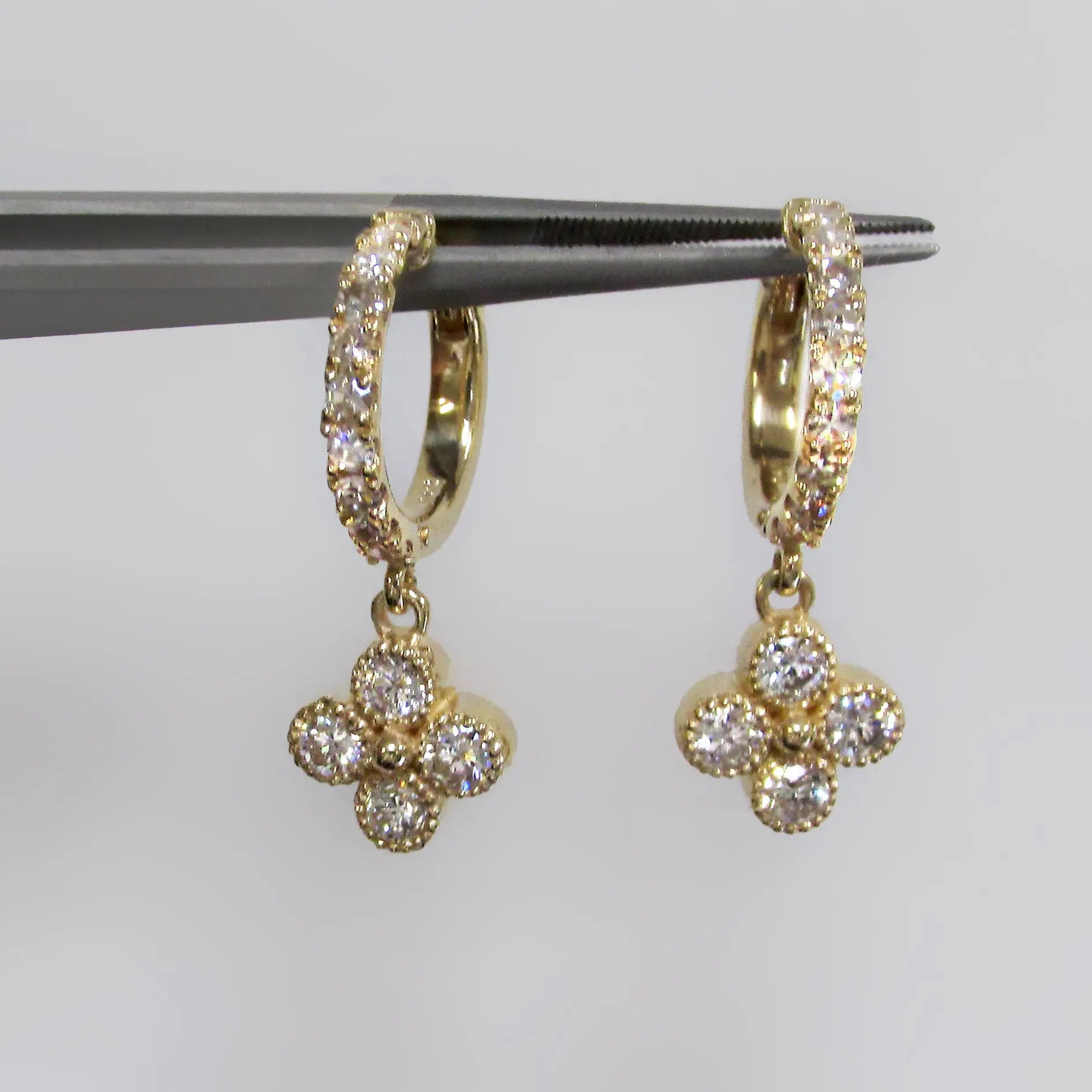 Flower Drop Diamond Huggies Earrings 14K Yellow Gold - Thenetjeweler