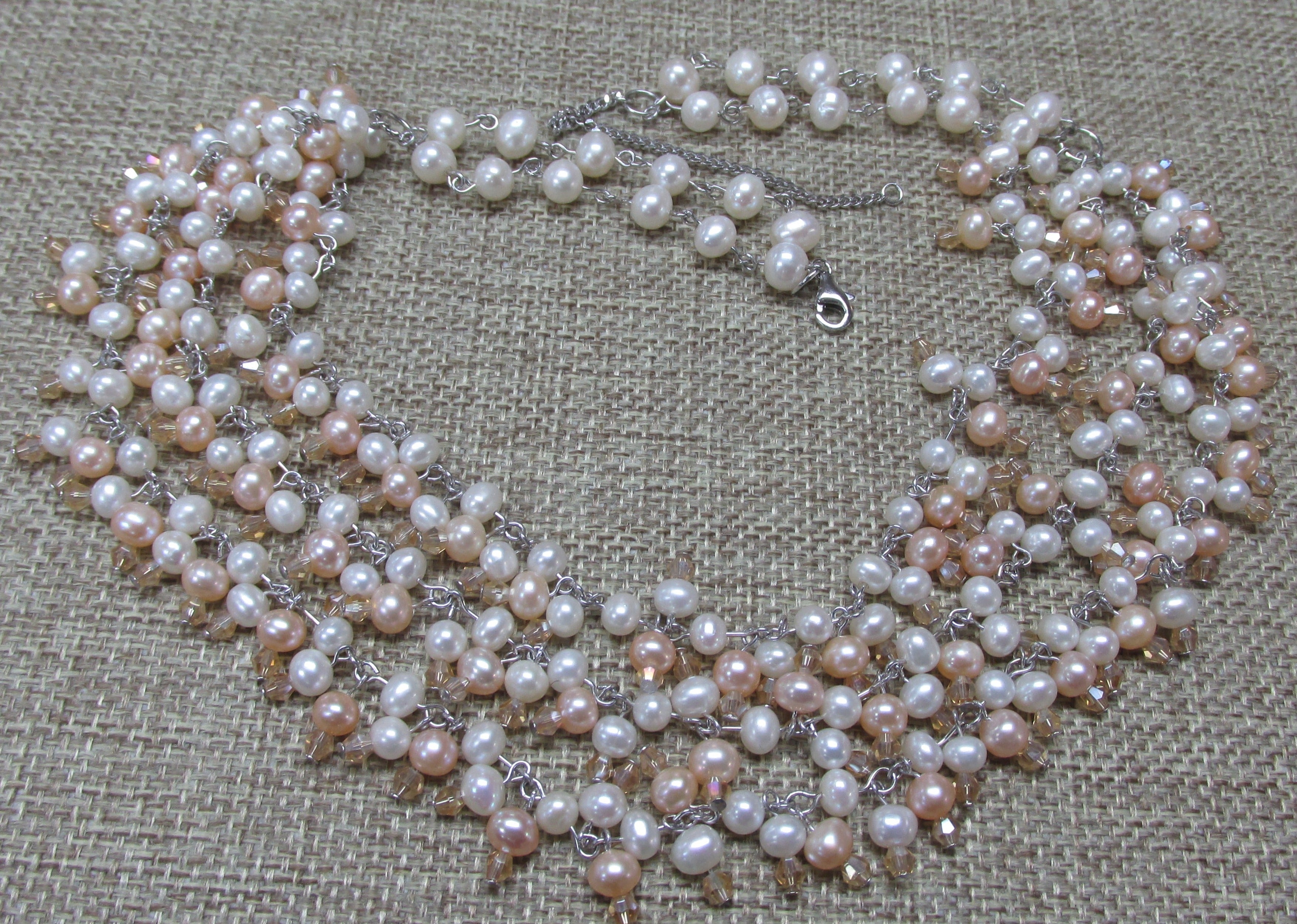 Multi-strand freshwater pearl necklace with rhinestones