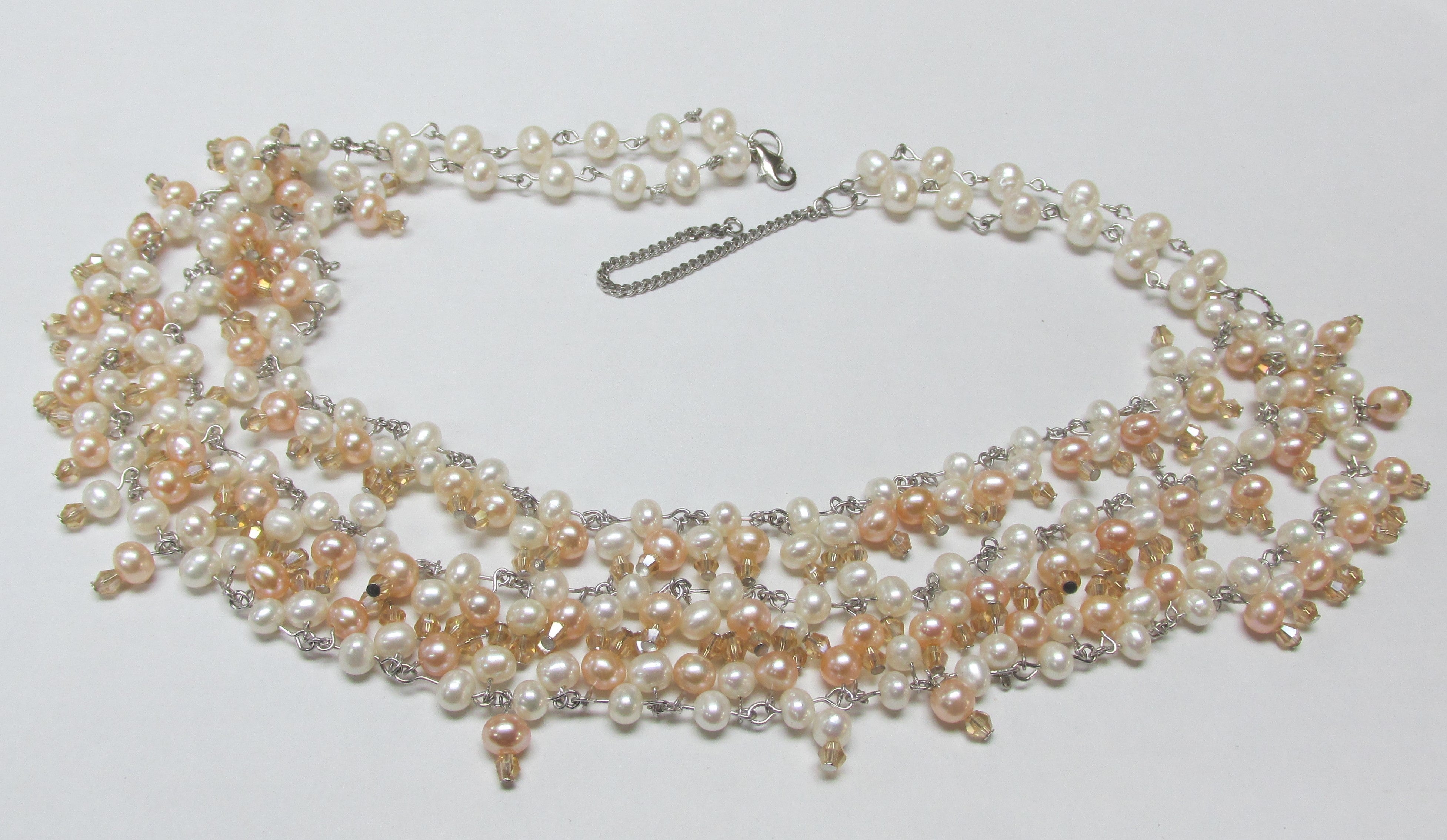 Multi-strand freshwater pearl necklace with rhinestones