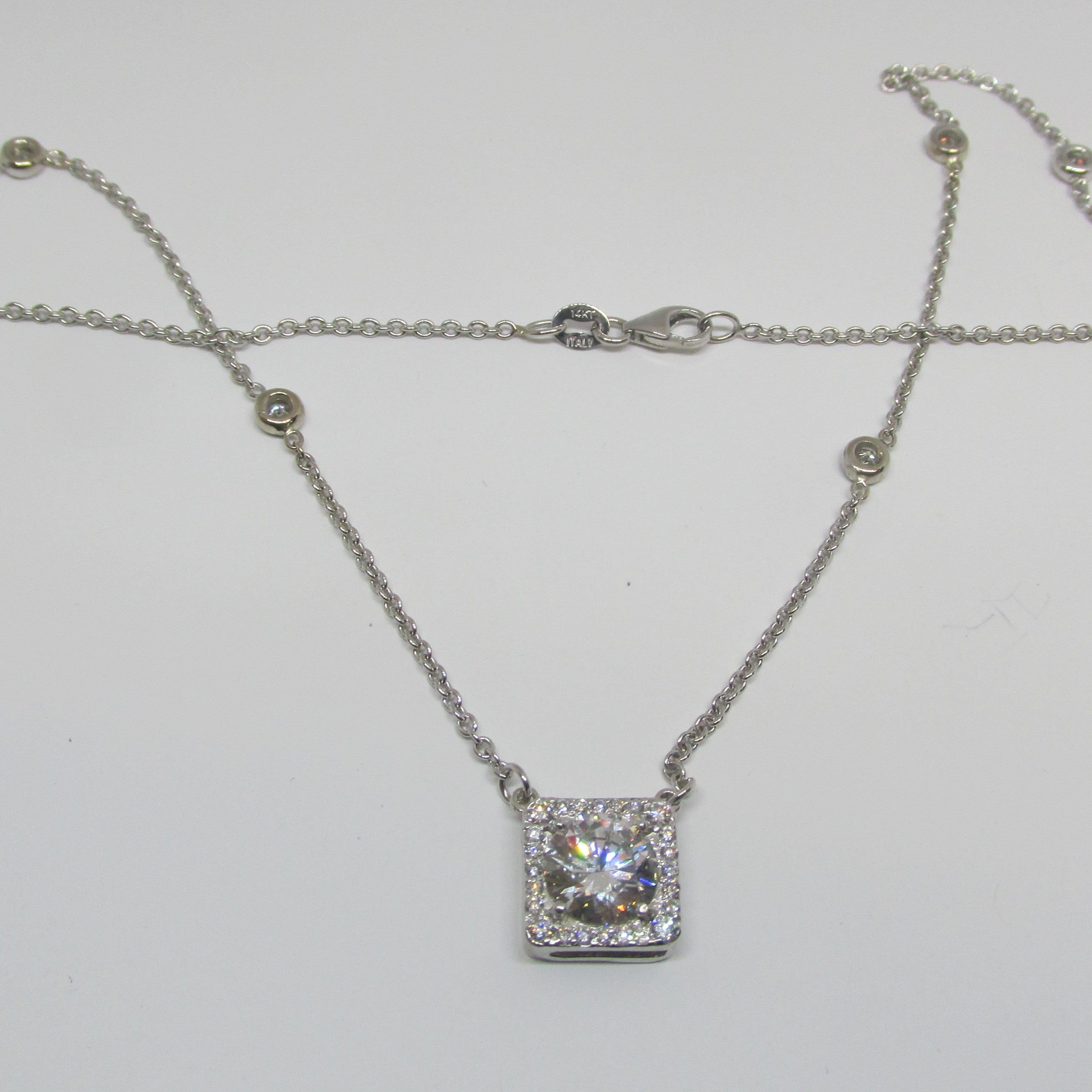 Square Halo Round Diamond with Bezel Station Necklace - TheNetJeweler
