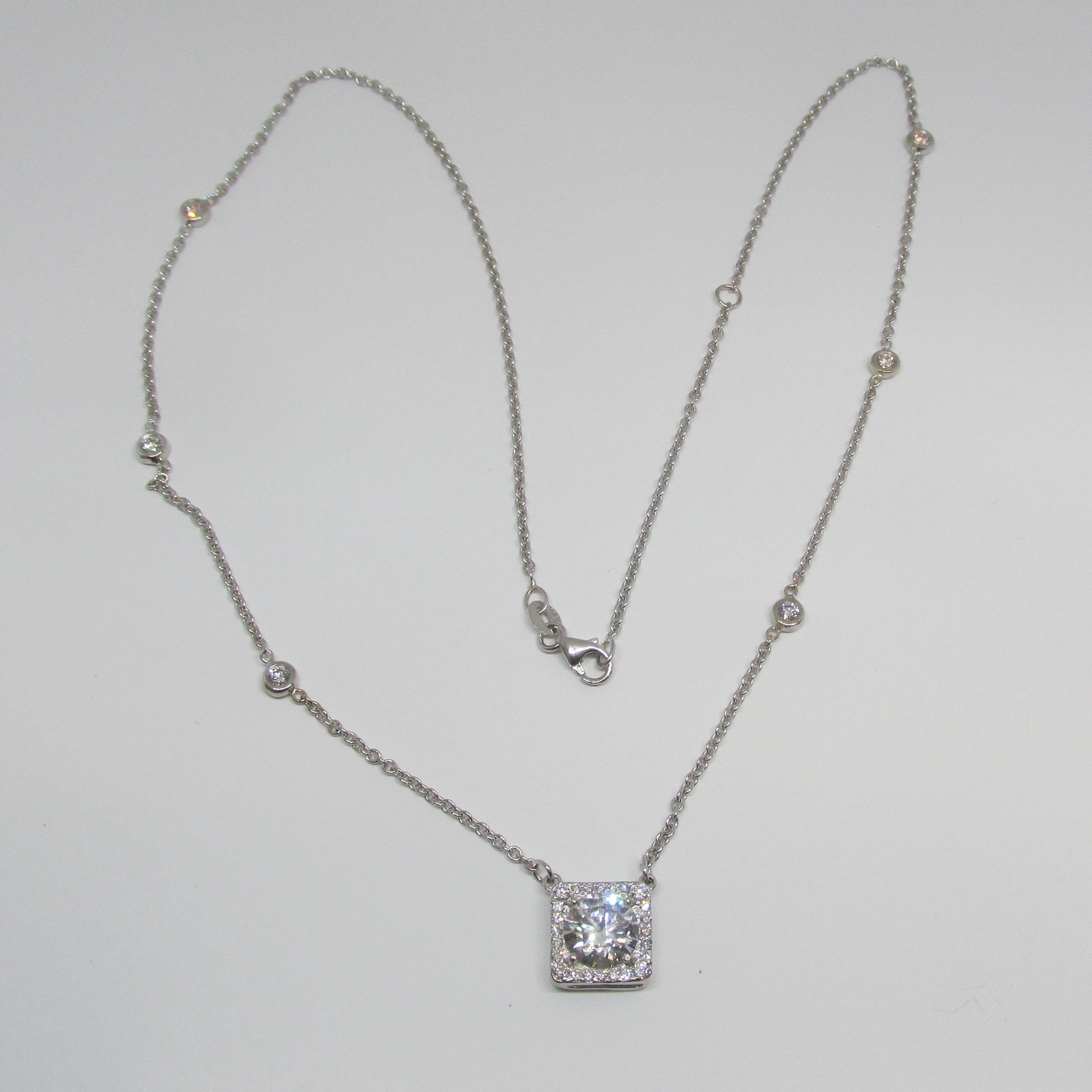 Square Halo Round Diamond with Bezel Station Necklace - TheNetJeweler