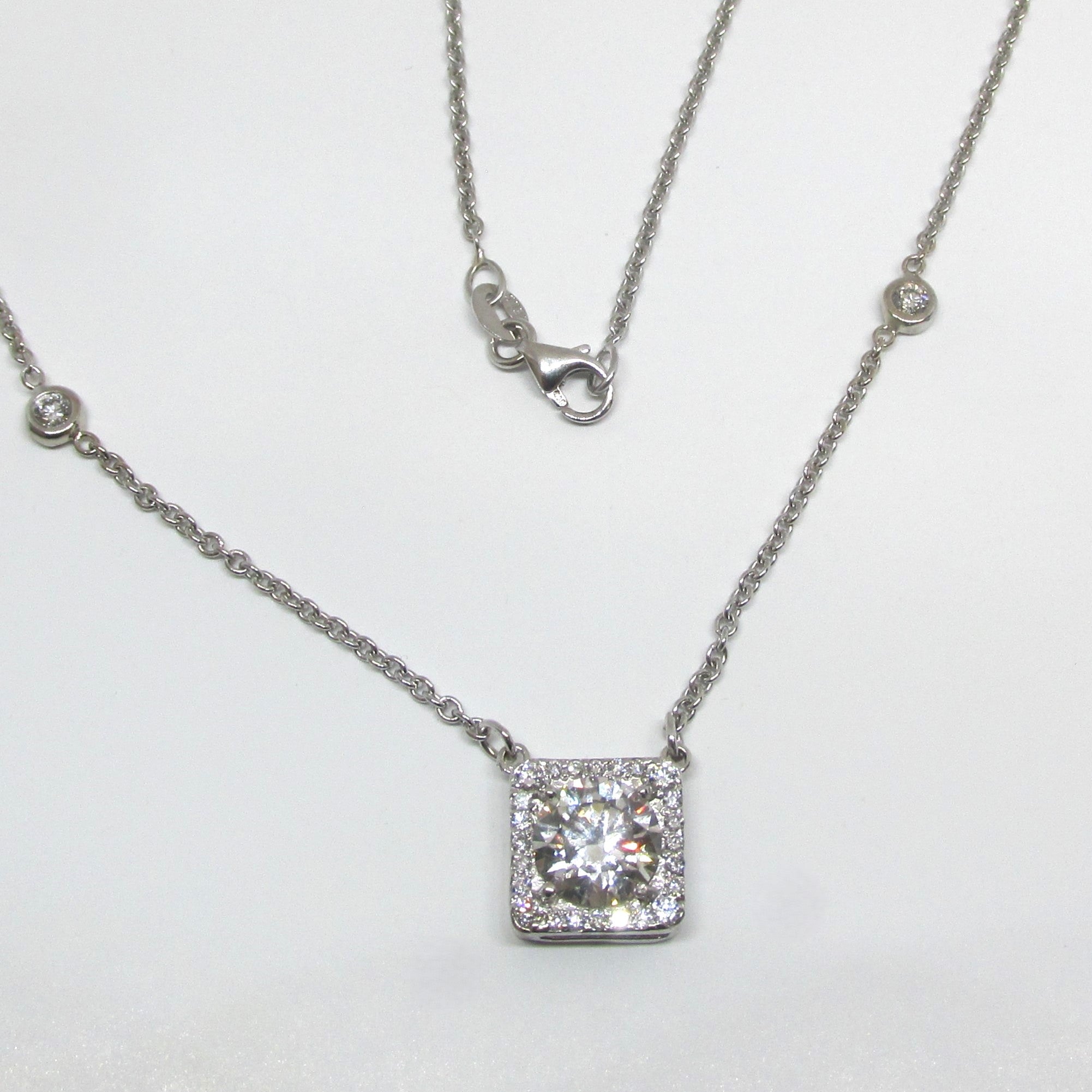 Square Halo Round Diamond with Bezel Station Necklace - TheNetJeweler