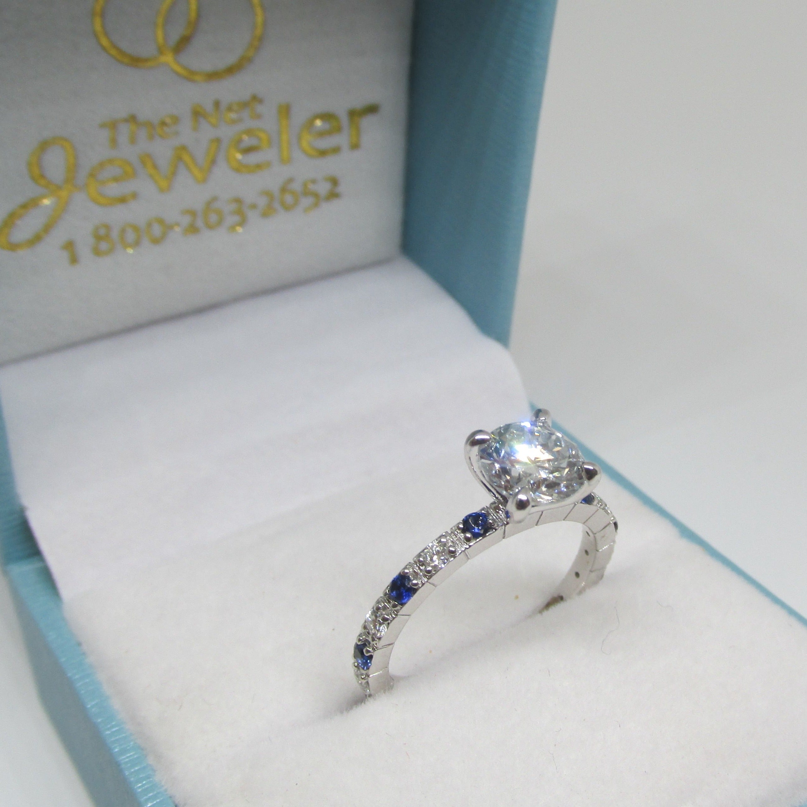 1.20 carat Diamond Engagement Ring with Sapphires in 14K White Gold - Thenetjeweler
