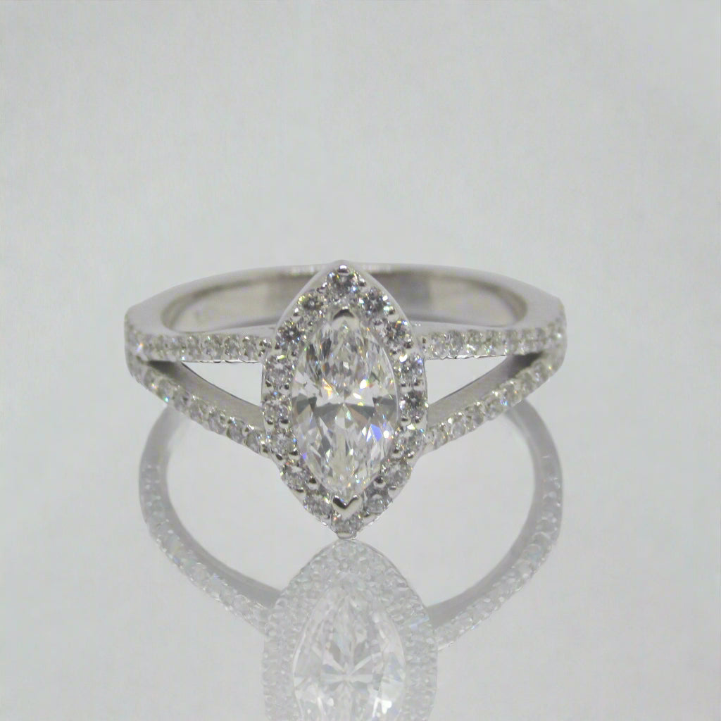 Marquise Diamond Engagement Ring with Split Band Halo Design -